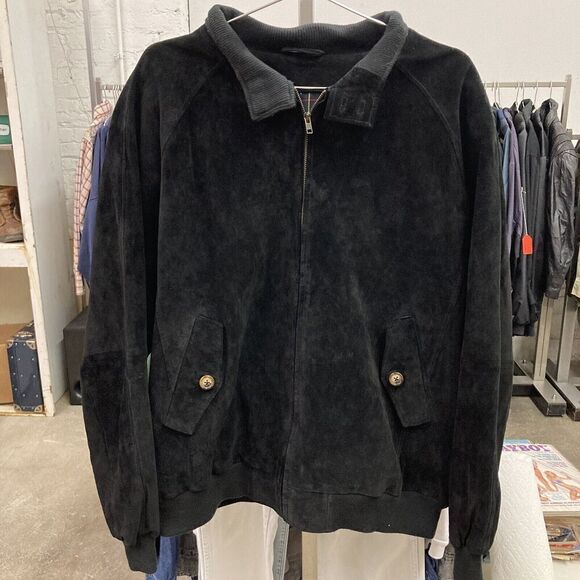 Orvis Suede Leather Plaid-Lined Jacket Black Bomber Size XL